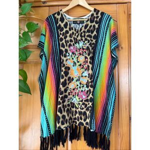 Crazy Train Boho Leopard & Serape Stripe Fringe Poncho – Embroidered one Size